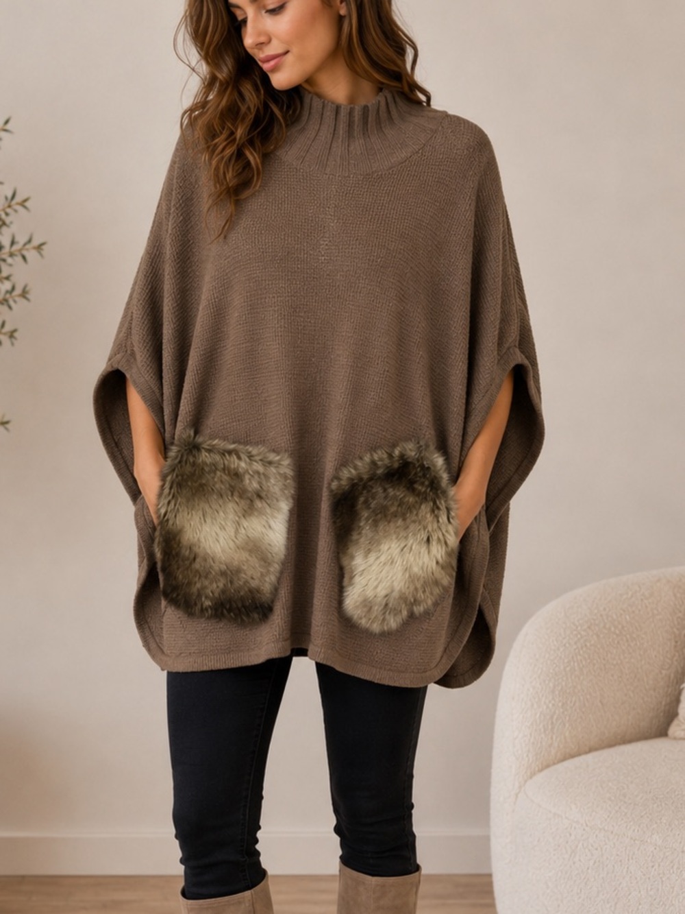 Mink Fur Pocket Italian Lambwool  Knit Poncho Sweater - Taupe